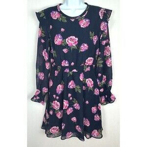 Maison Jules Blue Floral Chiffon Pink Roses Dress Long Sleeve Size8 NEW